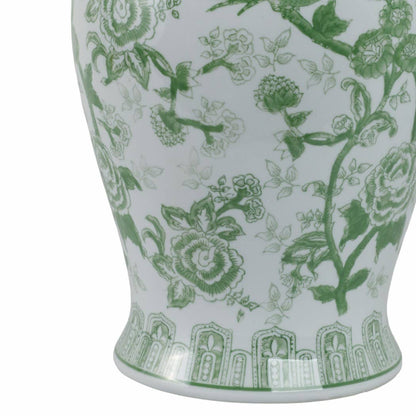 Ceramic Bird Flower Decorative Temple Jar - Green, 18 in.