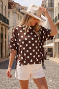 Polka Dot Rib Knit Top Brown