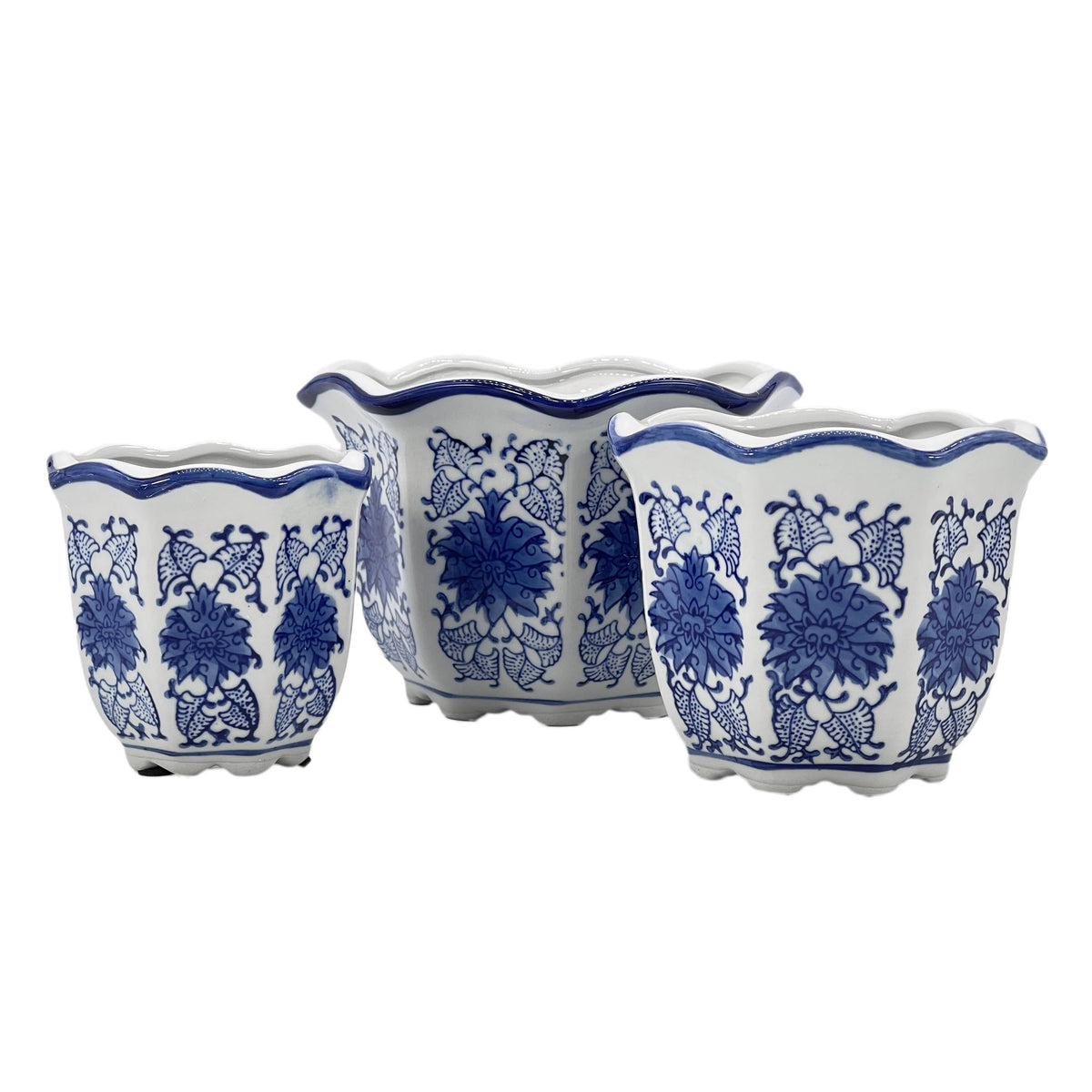 Blue & White Floral Ceramic Pots Ruffled Lip