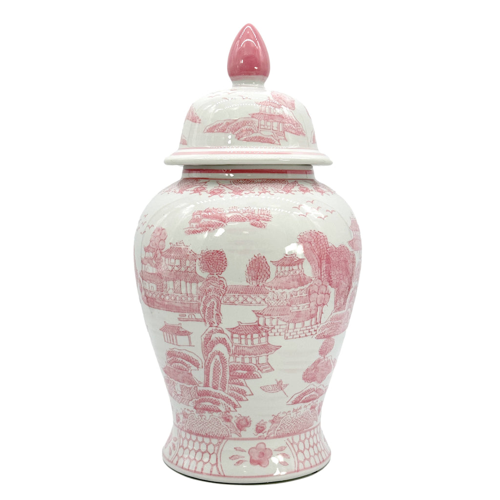 Pink & White Chinoiserie Ceramic Jar 18"