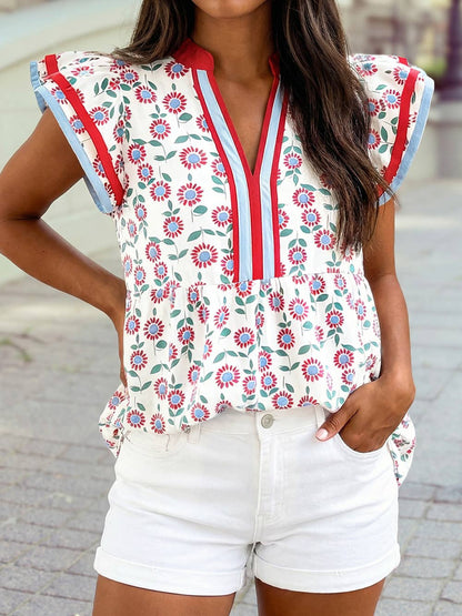 Sunflower Printed V Neck Flutter Sleeve Blouse