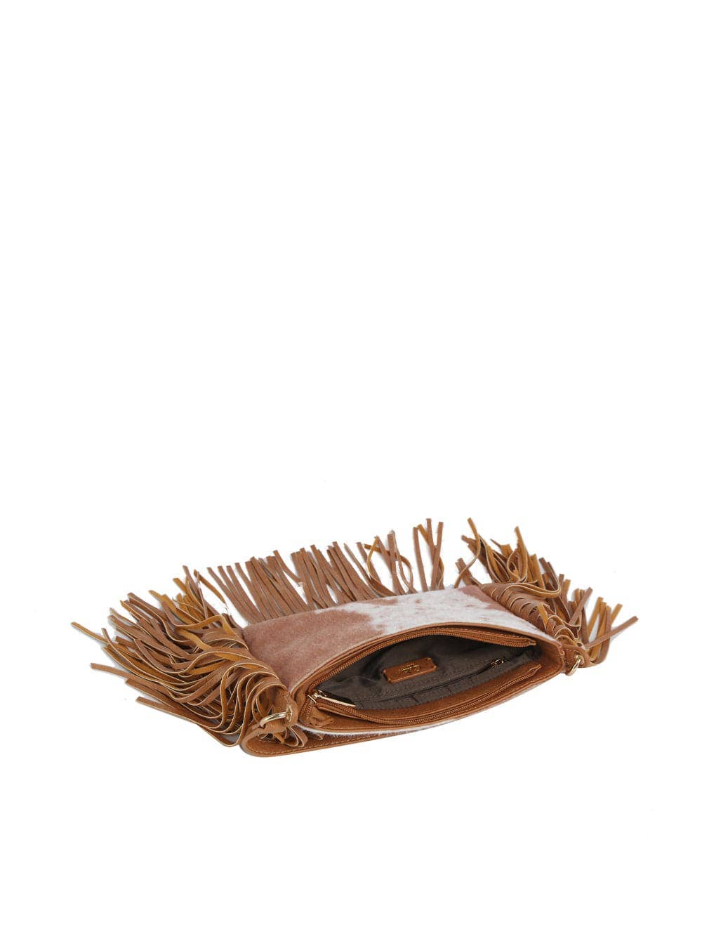 Suede Cow Print Fringe Crossbody: Brown