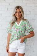Floral Ricrac Bubble Sleeve Blouse