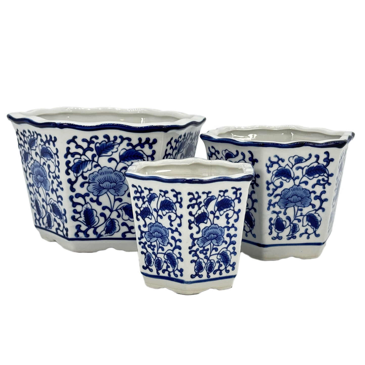 Blue & White Hexagon Floral Ceramic Ruffled Lip