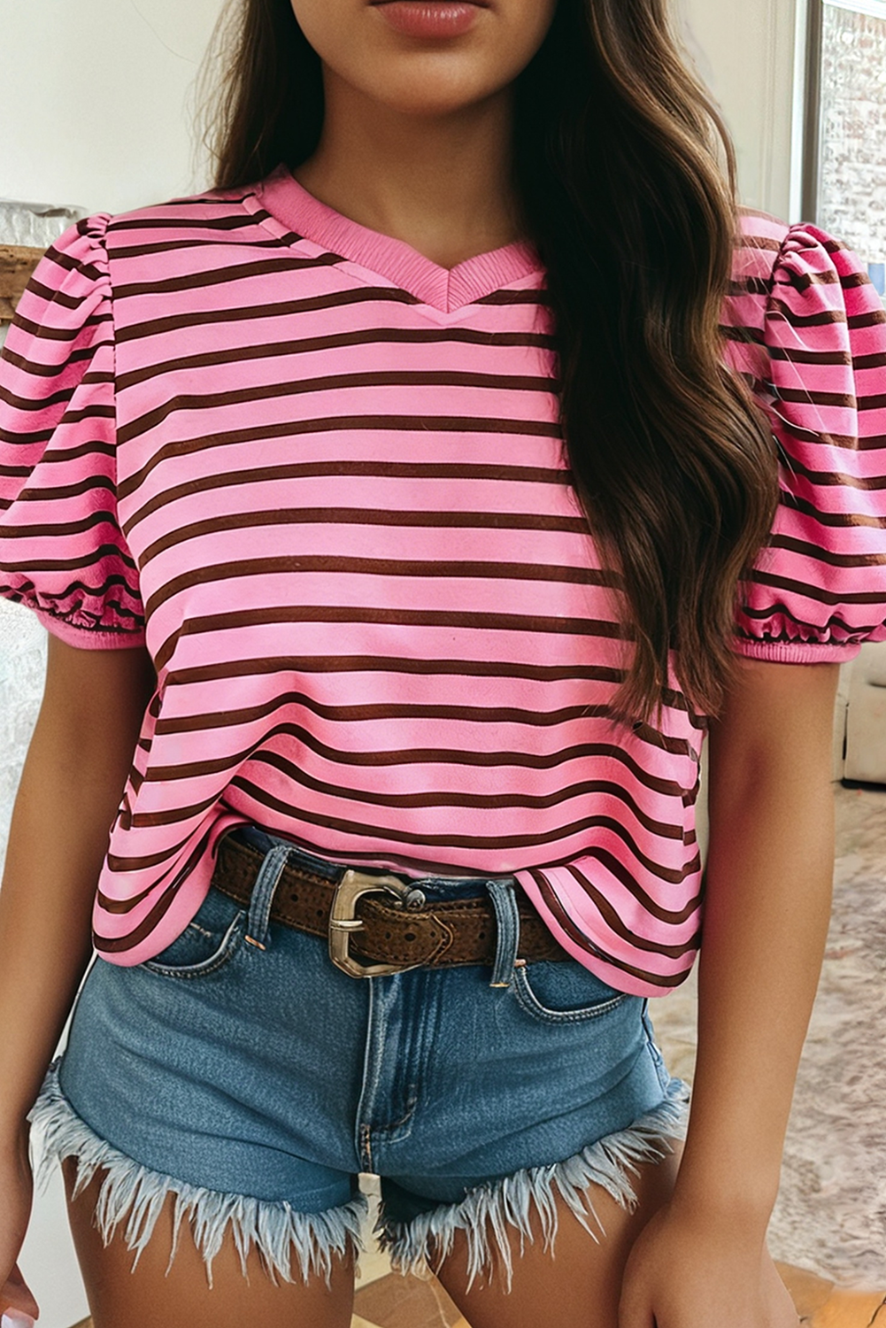 Stripe V Neck Short Puff Sleeve Tee