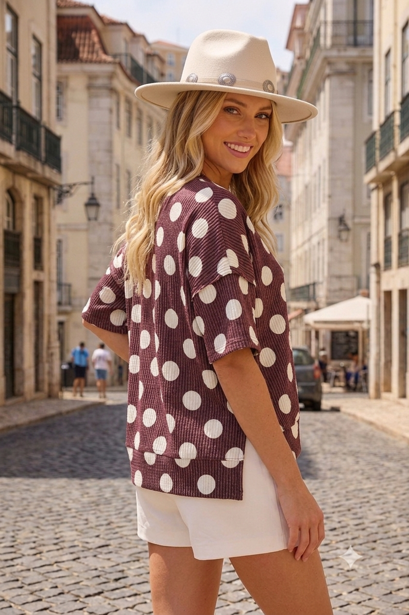 Plus Polka Dot Rib Top Brown