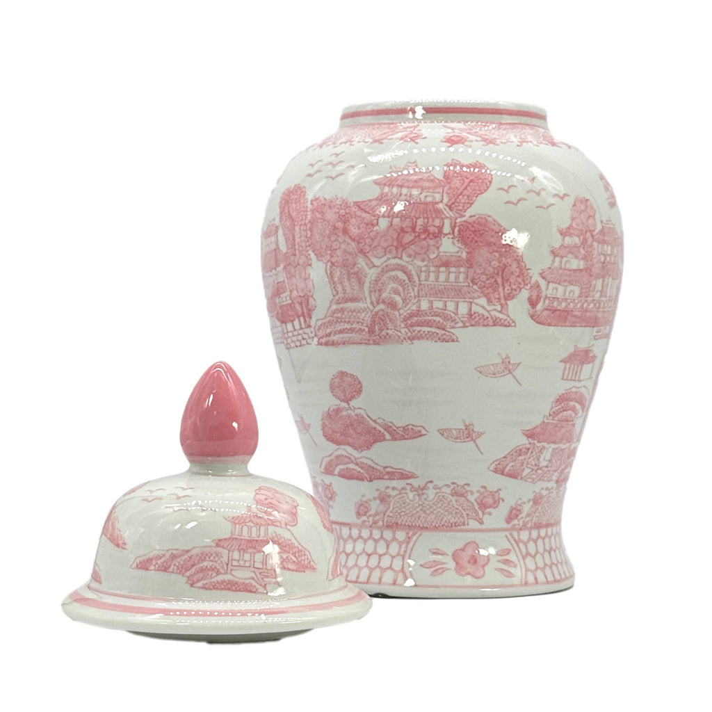 Pink & White Chinoiserie Ceramic Jar 18"
