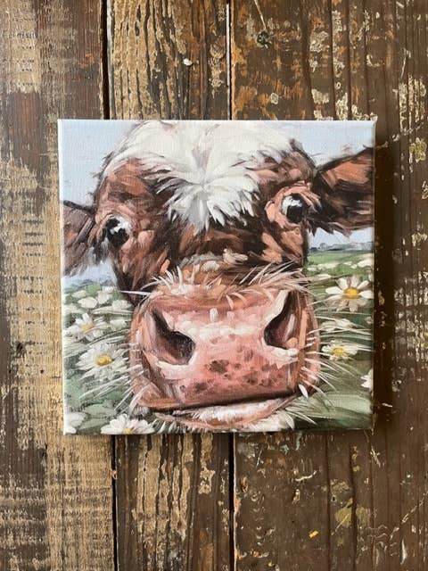 Whimsical Cow Canvas art print, Watercolor farmhouse art: 10x10